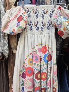 Beige-White Floral Smocked Puff-Sleeve Dress.